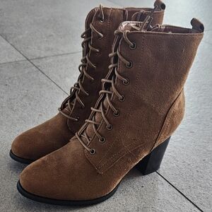 Brown (Cognac) Faux Suede Lace-Up Suede Boots *NEW IN BOX